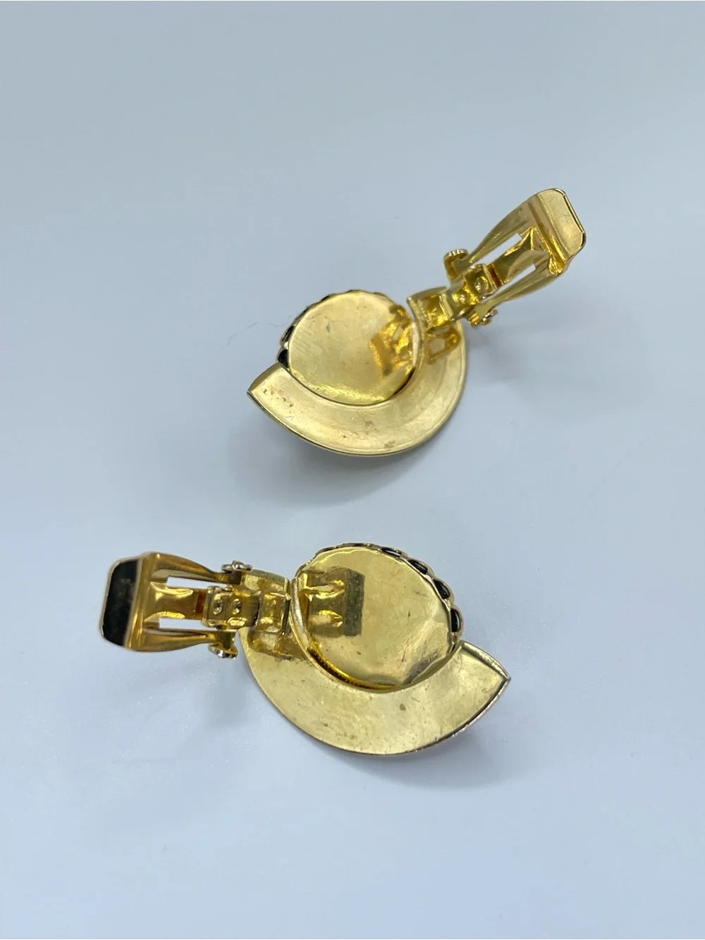 Gold Tone Hematite Cabochon Clip On Earrings Ornate Vintage Style Statement